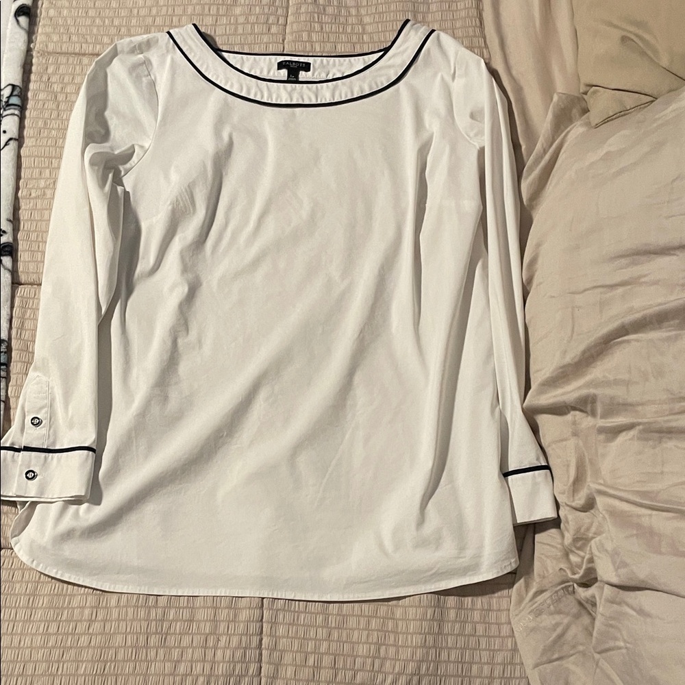 Talbots White Blouse with Navy Trim Nautical Preppy Petite  L